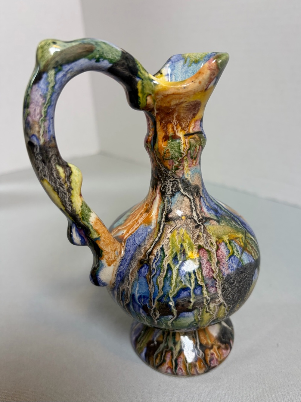 Multicolor Drip Glaze Art Pottery Pitcher Ewer Ceramic Handled Vase 6”